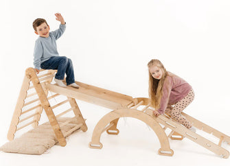 4-i-1 Montessori Klatrestativ-Sett: Trekantstige + Bue/Gynge + Rutsjebrett/Rampe + Nettingtau