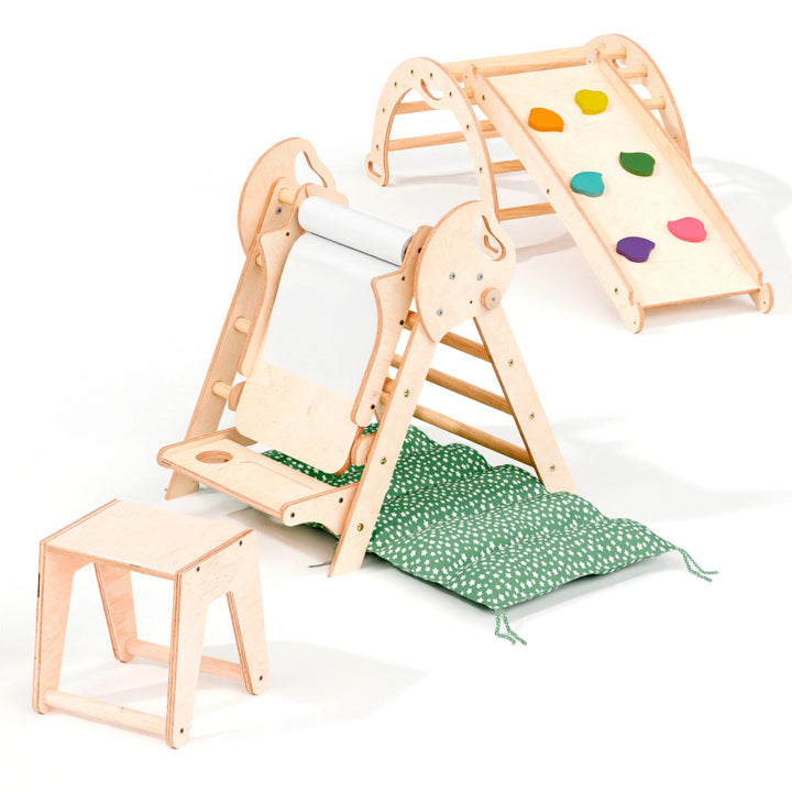 4-i-1 klatresett for småbarn: Triangelstige + Klatrebue + Rutsjebrett + Pute Beige