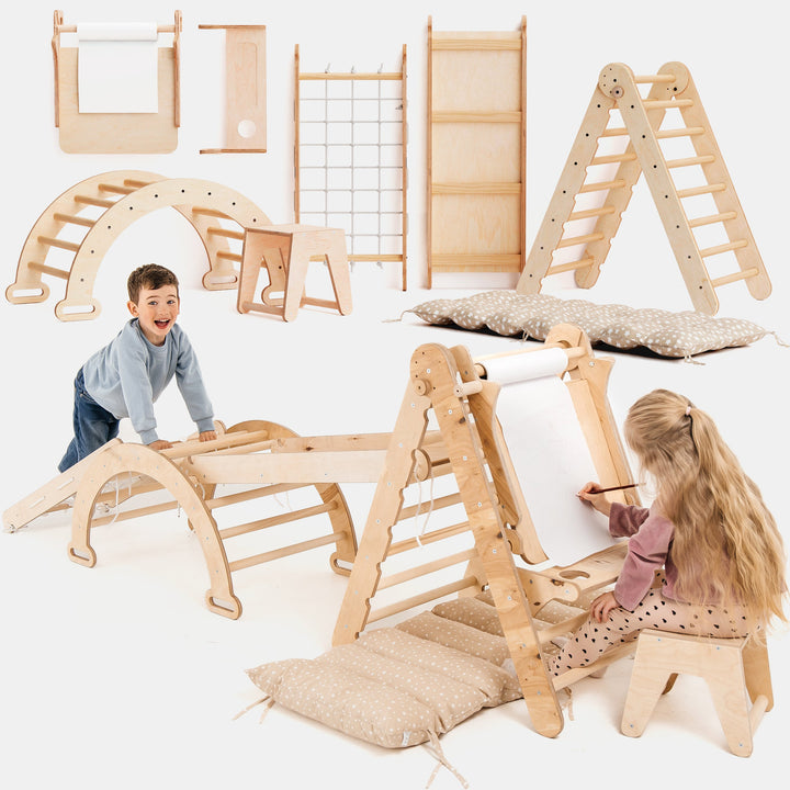 6-i-1 Montessori Klatrestativ-Sett: Triangelstige + Bue/Gynge + Sklie/Rampe + Nett + Pute + Kunsttillegg