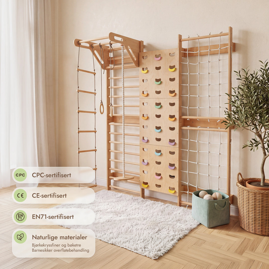 7-in-1 Klatrevegg for barn: ribbevegg, klatrenett, pull up-stang & 3i1 husksett