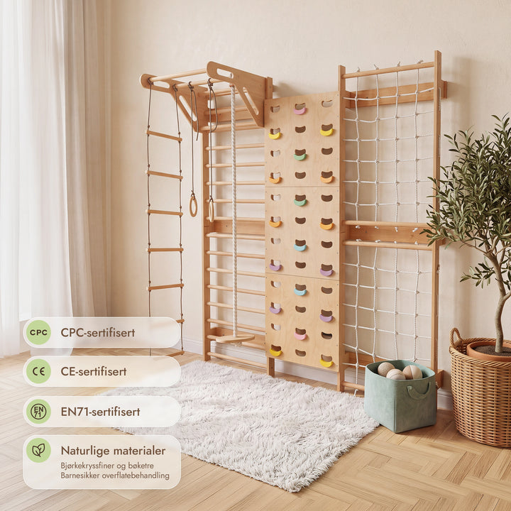 7-in-1 Klatrevegg for barn: ribbevegg, klatrenett, pull up-stang & 3i1 husksett