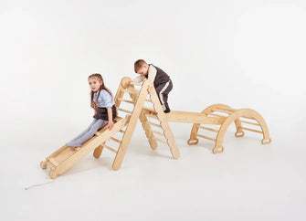 4-i-1 Montessori Klatrestativ-Sett: Trekantstige + Bue/Gynge + Rutsjebrett/Rampe + Nettingtau