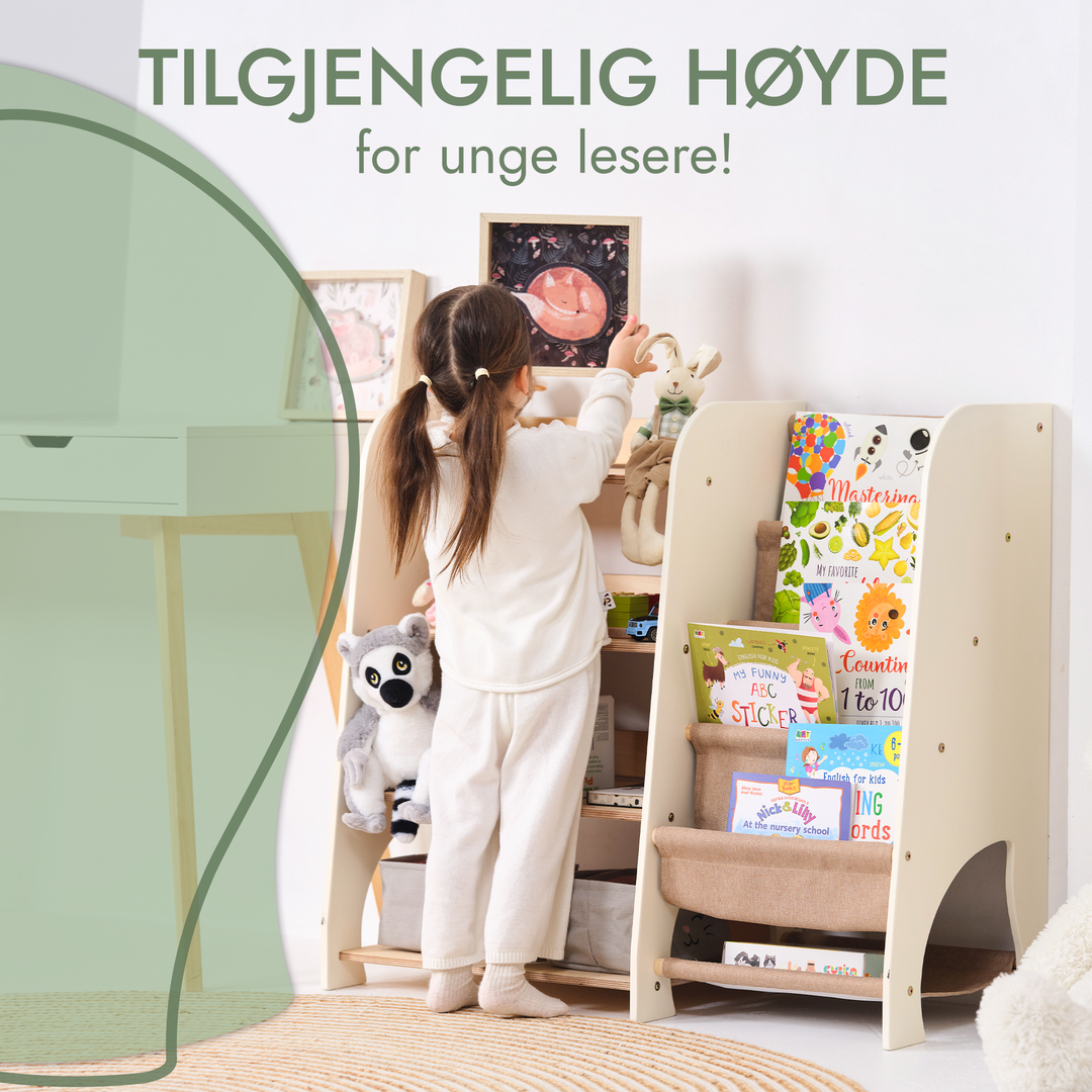 Montessori-hylle i tre for småbarn 2-i-1: Bokhylle og lekeoppbevaring