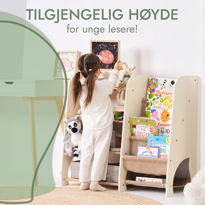 Montessori-hylle i tre for småbarn 2-i-1: Bokhylle og lekeoppbevaring