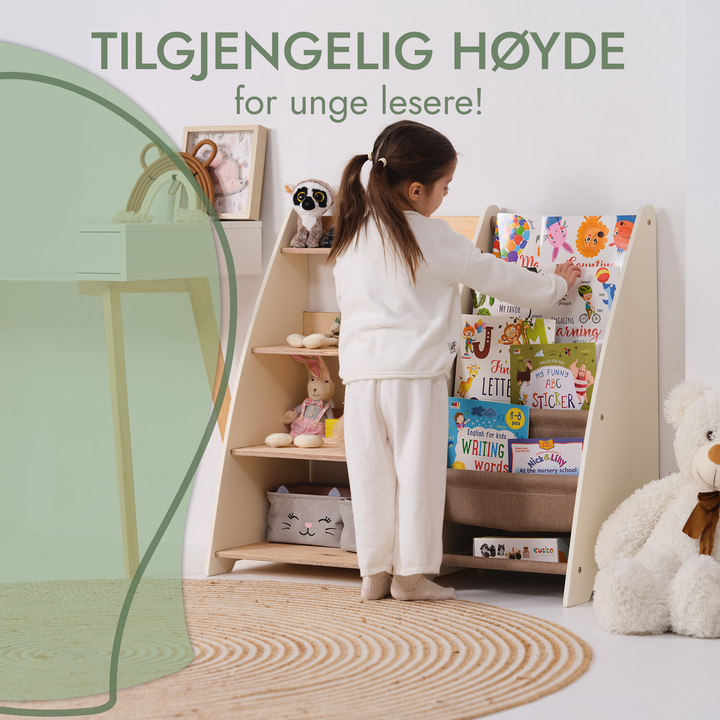 2-i-1 Montessori-hylle for bøker og leker