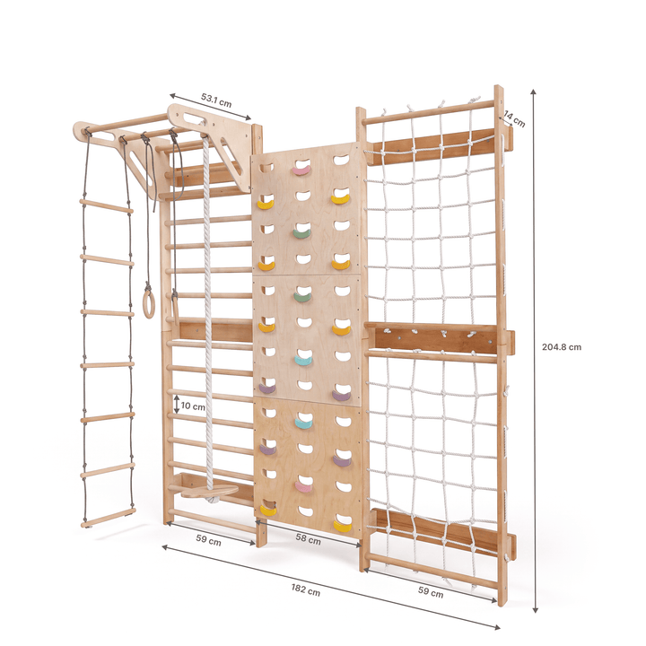 7-in-1 Klatrevegg for barn: ribbevegg, klatrenett, pull up-stang & 3i1 husksett