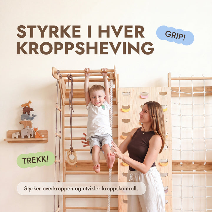 7-in-1 Klatrevegg for barn: ribbevegg, klatrenett, pull up-stang & 3i1 husksett