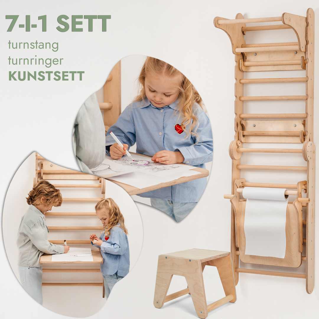4-i-1 Svensk Vegg/Klatrestige i tre for barn + Huskestativ + Rutsjebrett + Kunsttillegg