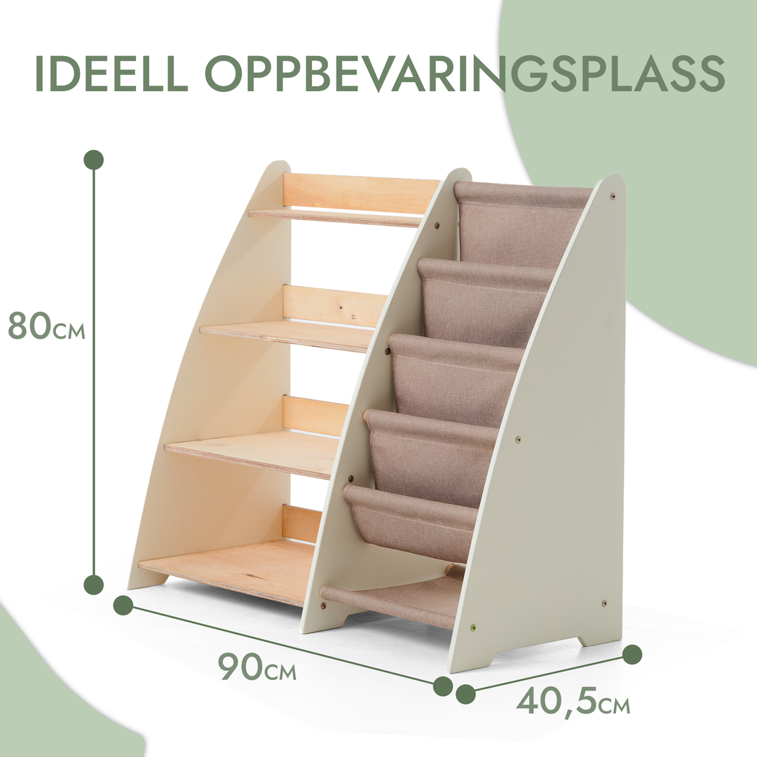 2-i-1 Montessori-hylle for bøker og leker