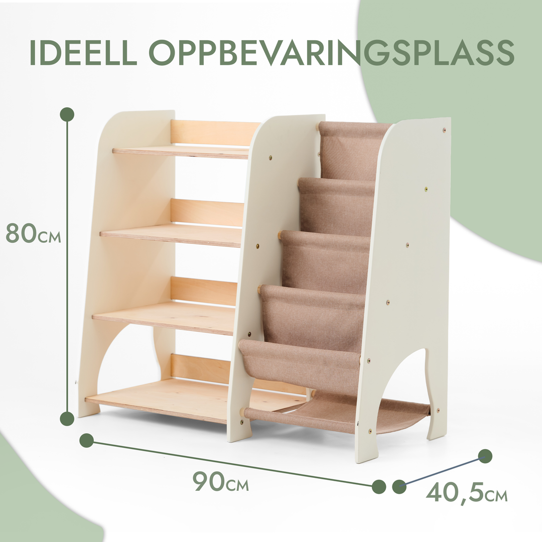 Montessori-hylle i tre for småbarn 2-i-1: Bokhylle og lekeoppbevaring