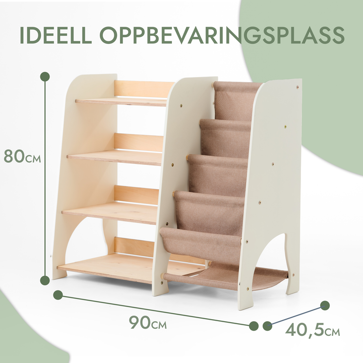Montessori-hylle i tre for småbarn 2-i-1: Bokhylle og lekeoppbevaring
