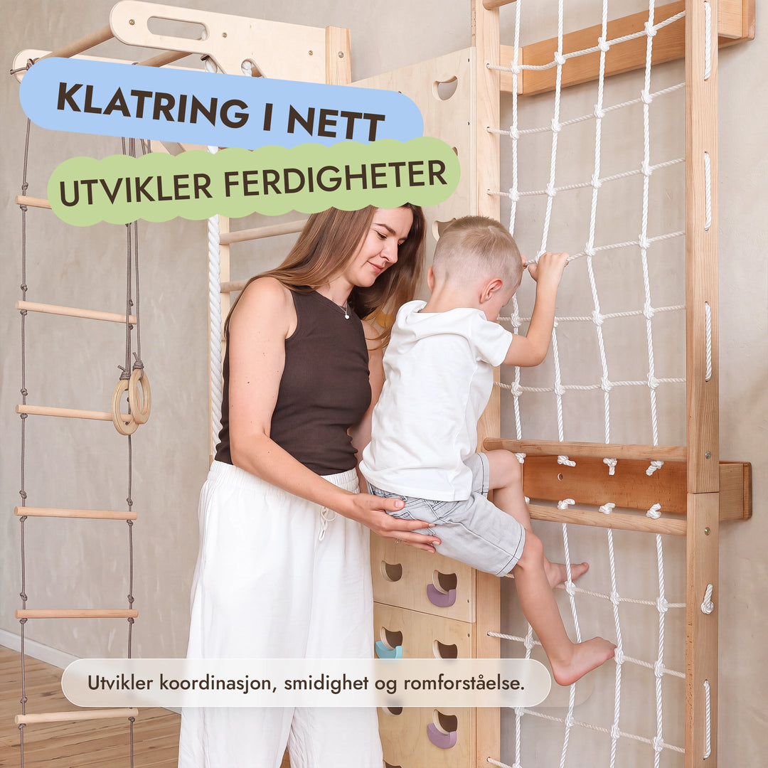 7-in-1 Klatrevegg for barn: ribbevegg, klatrenett, pull up-stang & 3i1 husksett