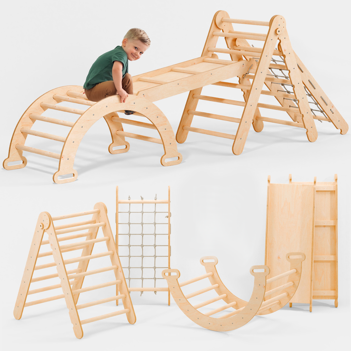 4-i-1 Montessori Klatrestativ-Sett: Trekantstige + Bue/Gynge + Rutsjebrett/Rampe + Nettingtau