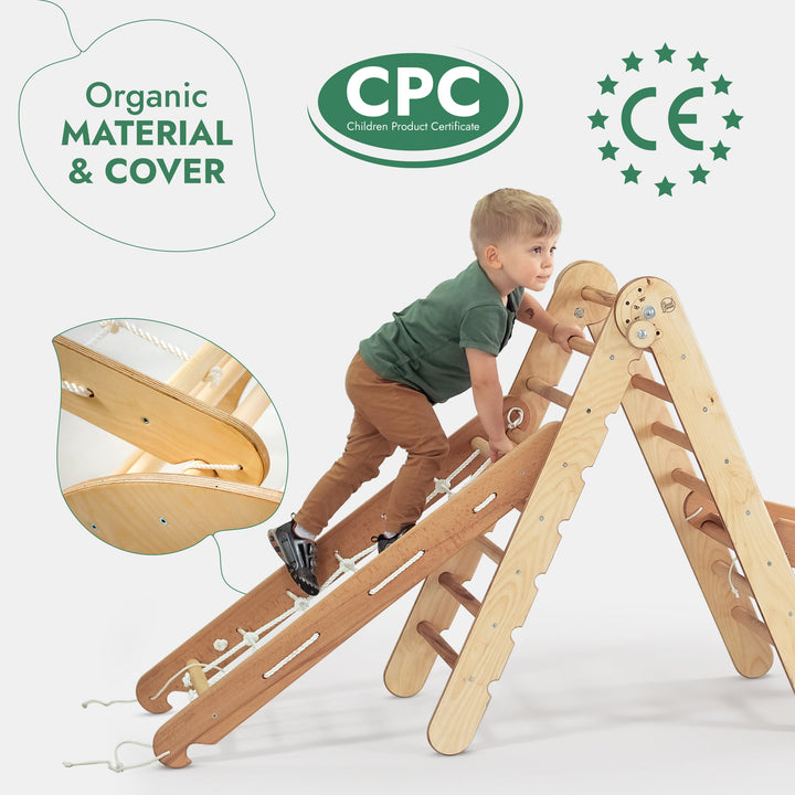 4-i-1 Montessori Klatrestativ-Sett: Trekantstige + Bue/Gynge + Rutsjebrett/Rampe + Nettingtau