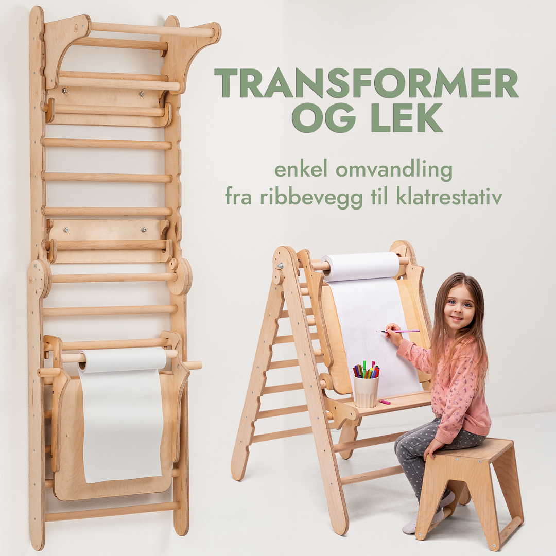 4-i-1 Svensk Vegg/Klatrestige i tre for barn + Huskestativ + Rutsjebrett + Kunsttillegg