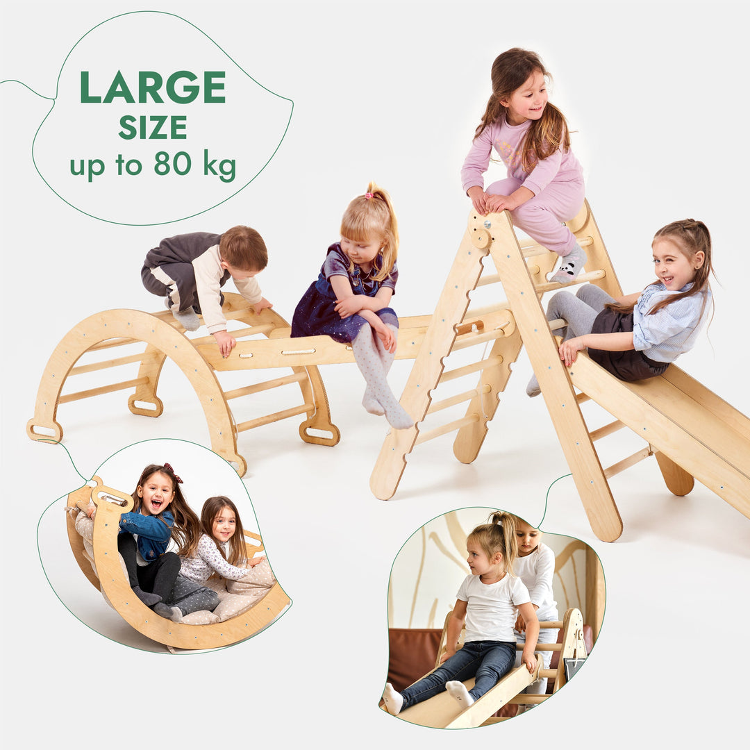 4-i-1 Montessori Klatrestativ-Sett: Trekantstige + Bue/Gynge + Rutsjebrett/Rampe + Nettingtau