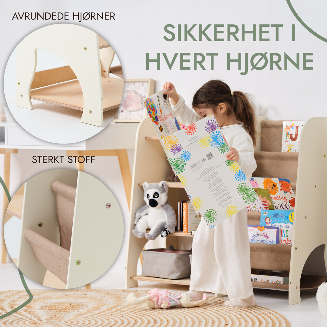 Montessori-hylle i tre for småbarn 2-i-1: Bokhylle og lekeoppbevaring