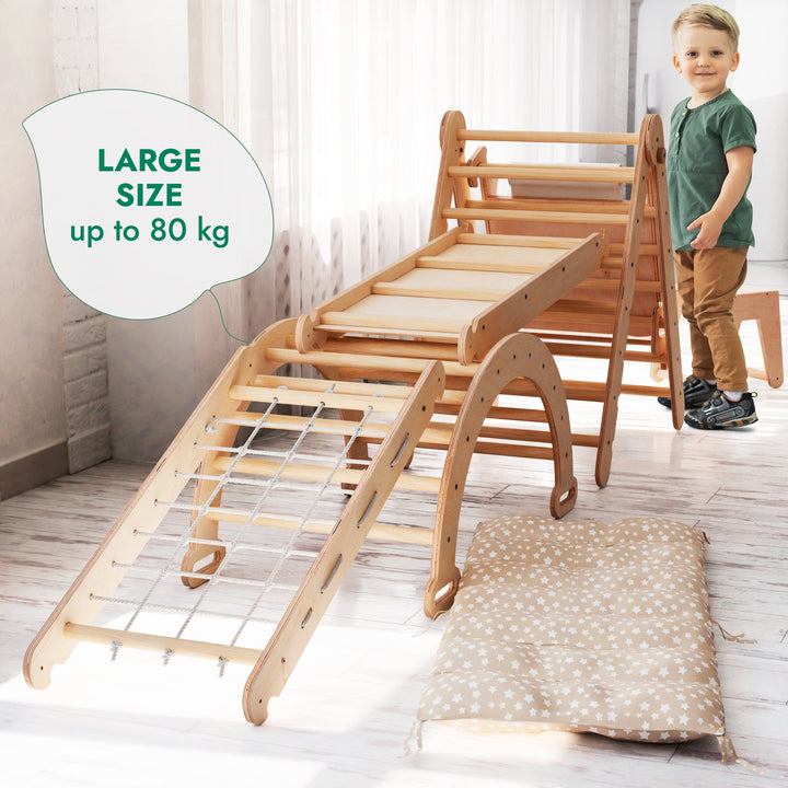 6-i-1 Montessori Klatrestativ-Sett: Triangelstige + Bue/Gynge + Sklie/Rampe + Nett + Pute + Kunsttillegg