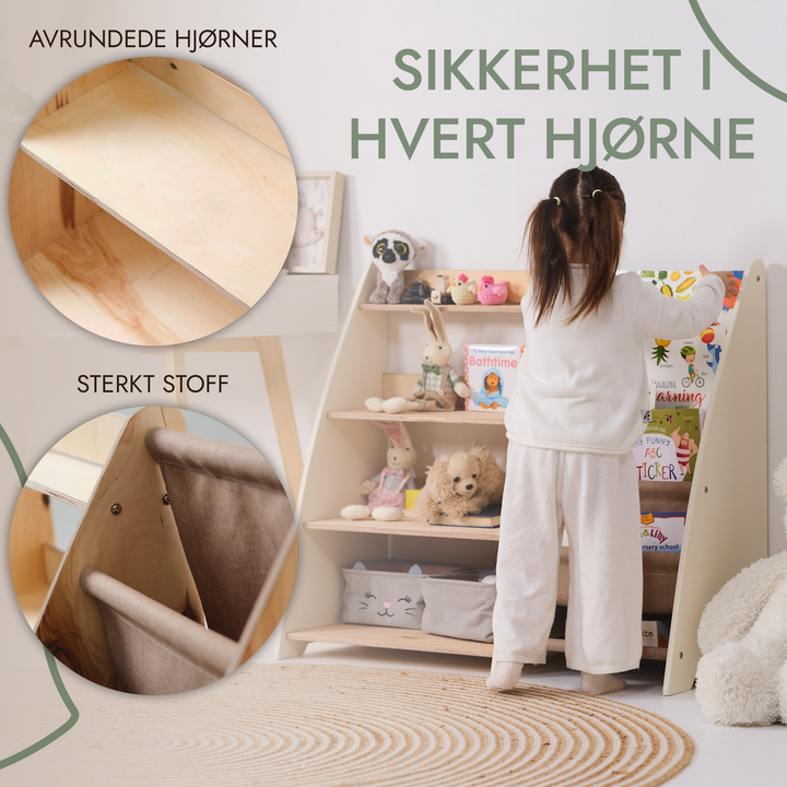 2-i-1 Montessori-hylle for bøker og leker