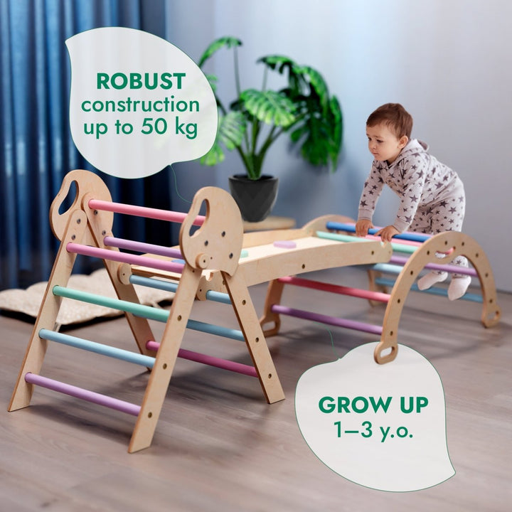 4-i-1 Montessori klatresett: Pikler-trekant, Bue, Skliplate og pute for småbarn (1–3 år) – pastell