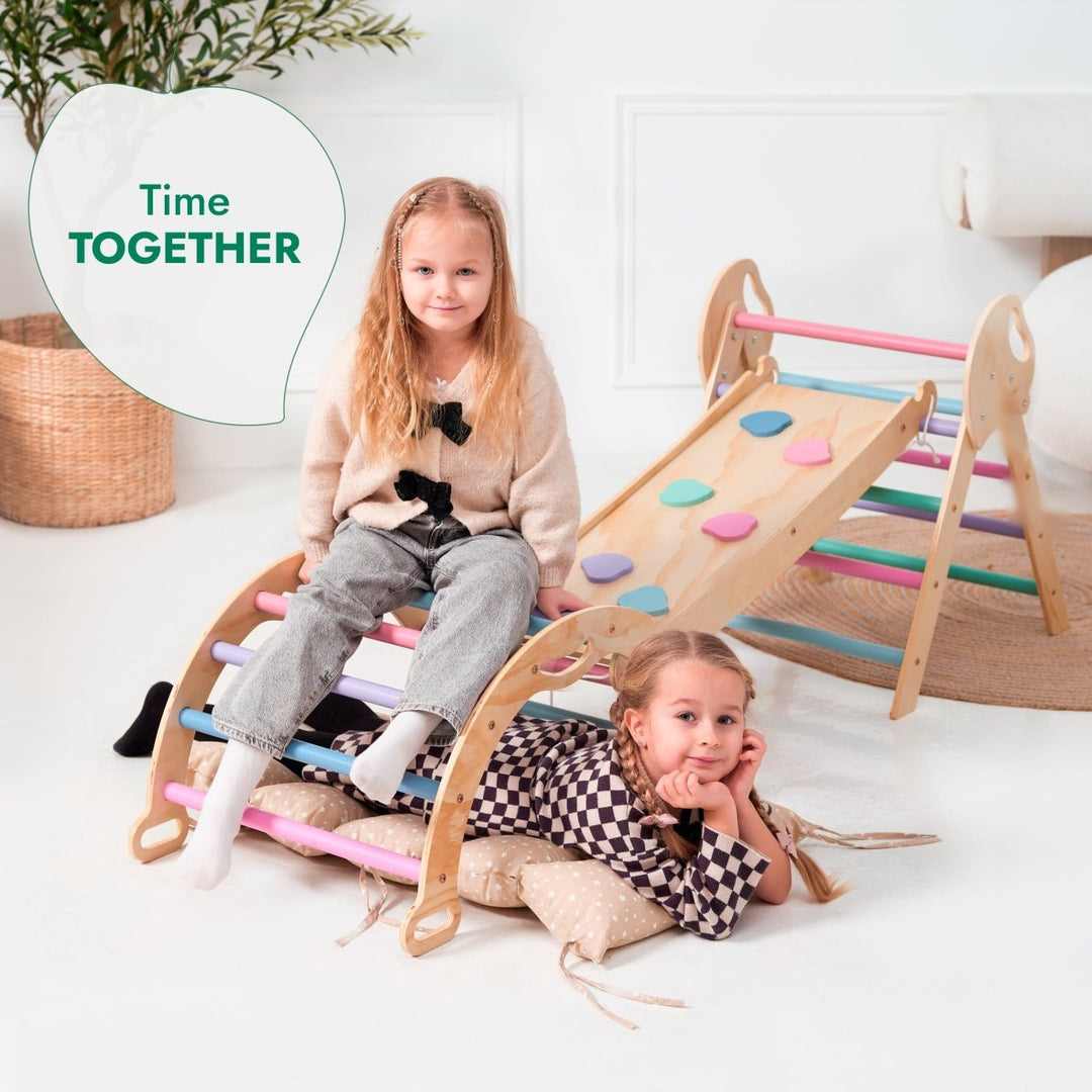 4-i-1 Montessori klatresett: Pikler-trekant, Bue, Skliplate og pute for småbarn (1–3 år) – pastell