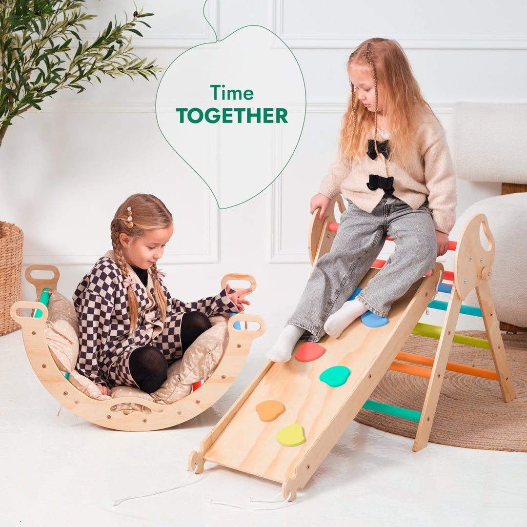 4-i-1 Montessori-klatresett: Pikler-triangel, bue, sklie og pute for småbarn (1–3 år) – Regnbue
