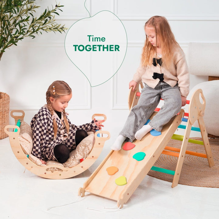 4-i-1 Montessori-klatresett: Pikler-triangel, bue, sklie og pute for småbarn (1–3 år) – Regnbue