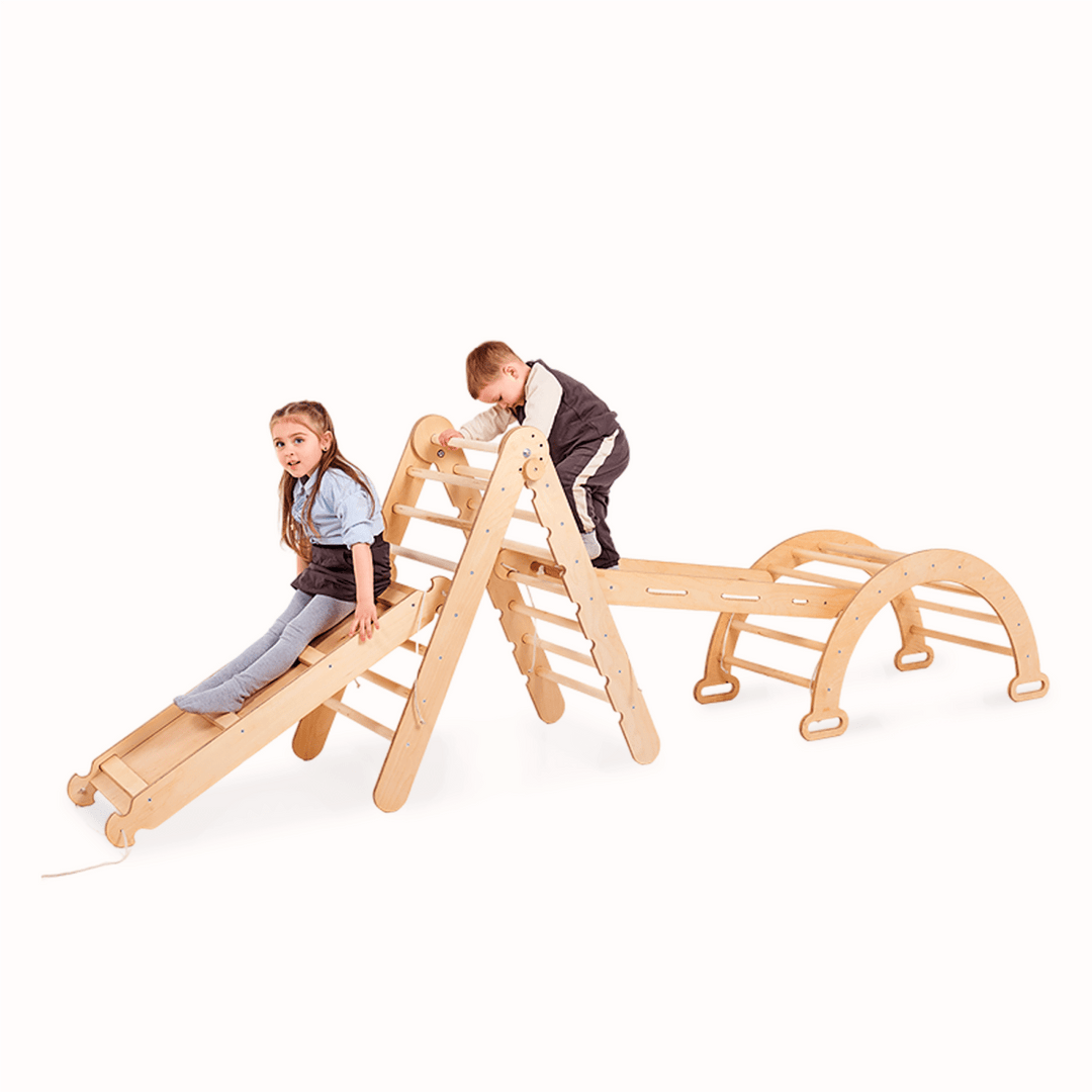 4-i-1 Montessori Klatrestativ-Sett: Trekantstige + Bue/Gynge + Rutsjebrett/Rampe + Nettingtau