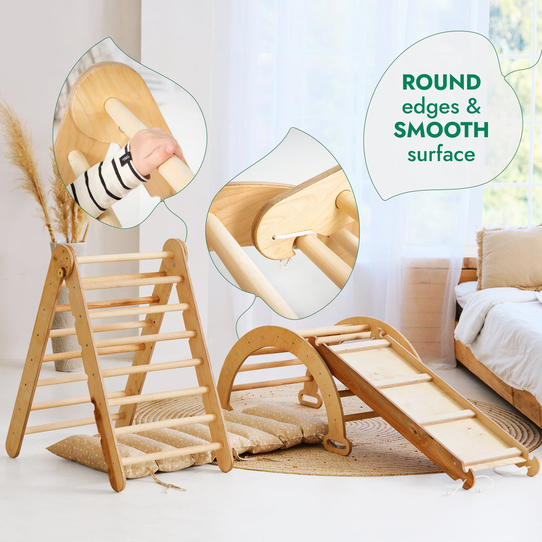 4-i-1 Montessori Klatresett: Triangelstige + Klatrebue + Rutsjebrett + Pute Beige