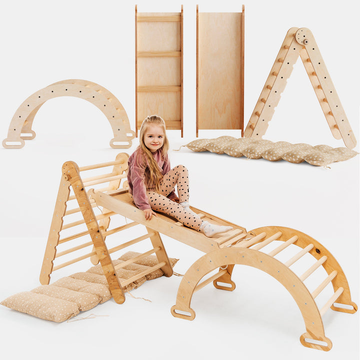 4-i-1 Montessori Klatresett: Triangelstige + Klatrebue + Rutsjebrett + Pute Beige