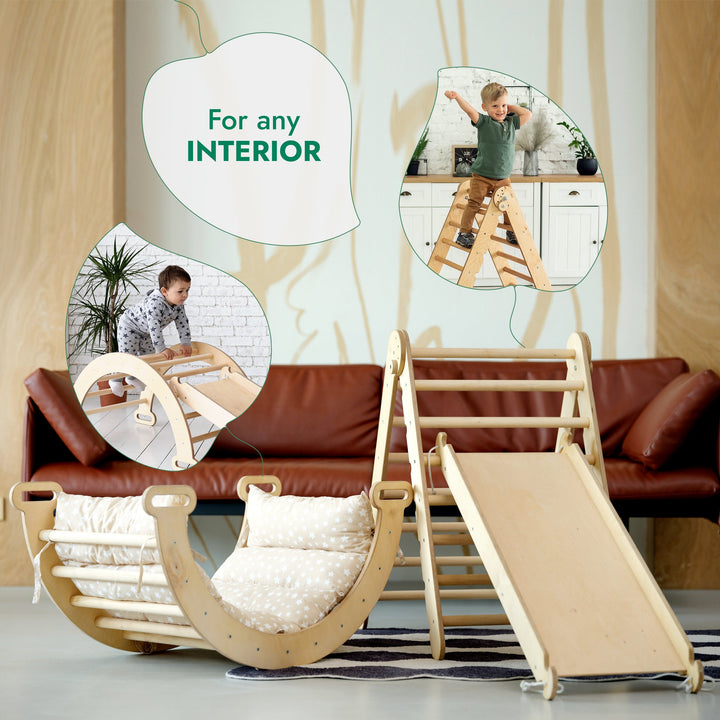 4-i-1 Montessori Klatresett: Triangelstige + Klatrebue + Rutsjebrett + Pute Beige