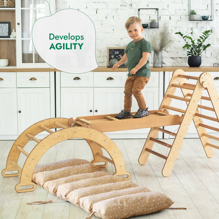 4-i-1 Montessori Klatresett: Triangelstige + Klatrebue + Rutsjebrett + Pute Beige