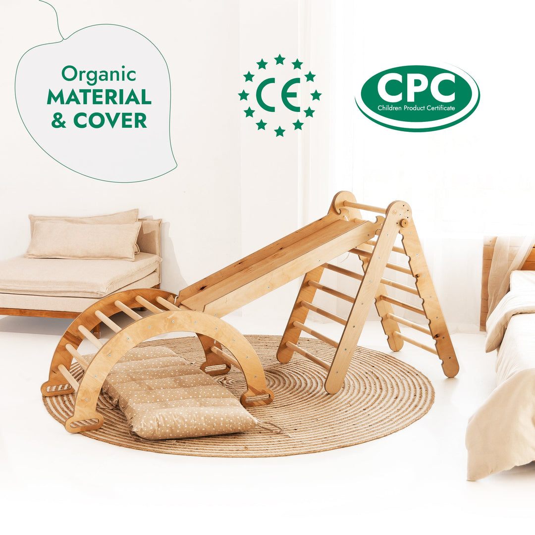 4-i-1 Montessori Klatresett: Triangelstige + Klatrebue + Rutsjebrett + Pute Beige