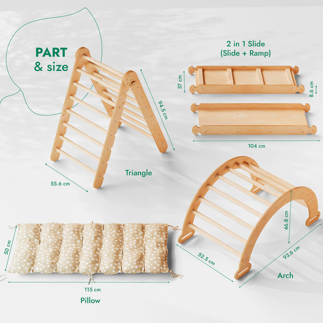 4-i-1 Montessori Klatresett: Triangelstige + Klatrebue + Rutsjebrett + Pute Beige