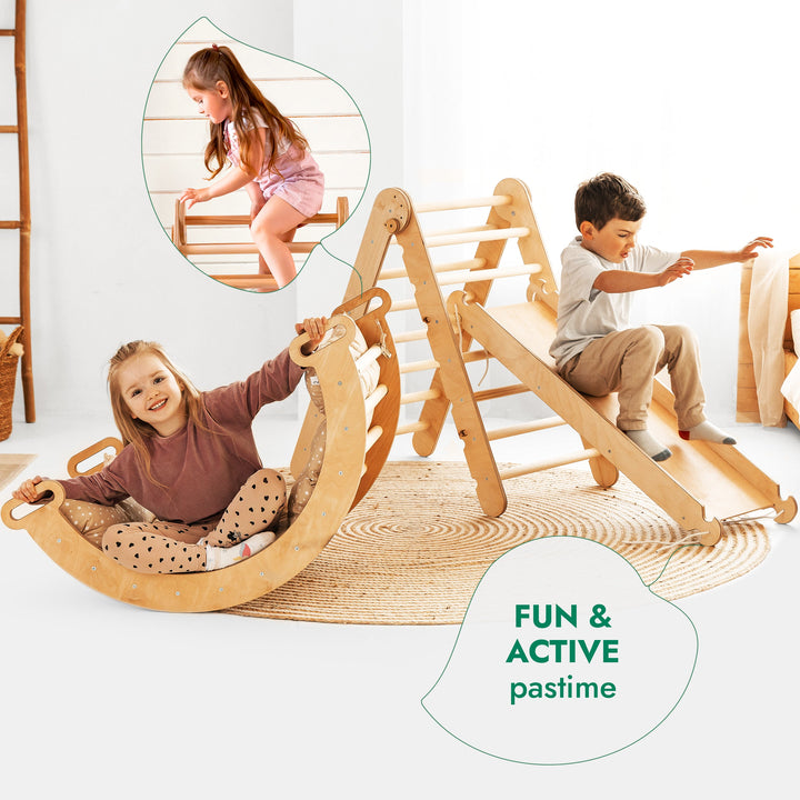4-i-1 Montessori Klatresett: Triangelstige + Klatrebue + Rutsjebrett + Pute Beige