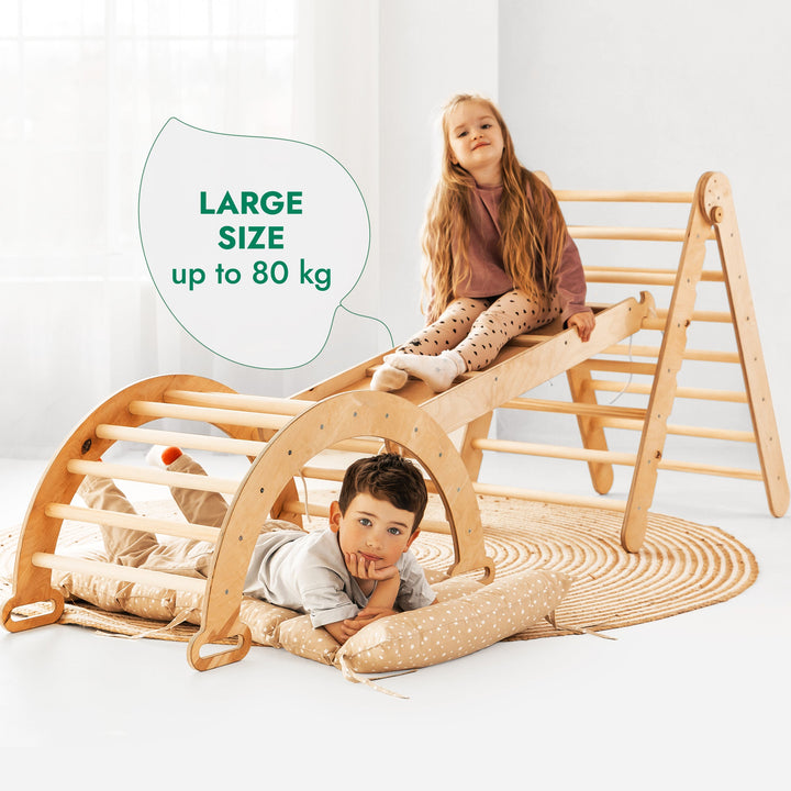 4-i-1 Montessori Klatresett: Triangelstige + Klatrebue + Rutsjebrett + Pute Beige