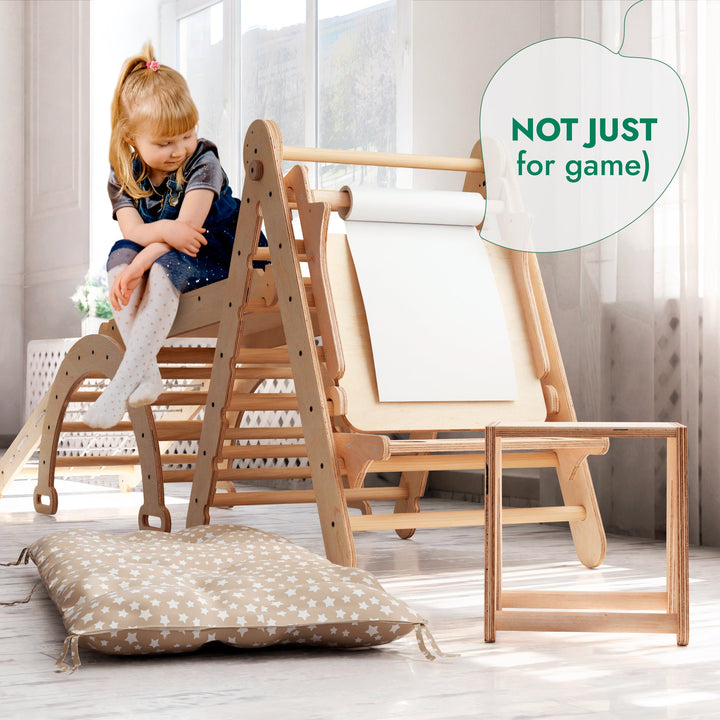 6-i-1 Montessori Klatrestativ-Sett: Triangelstige + Bue/Gynge + Sklie/Rampe + Nett + Pute + Kunsttillegg