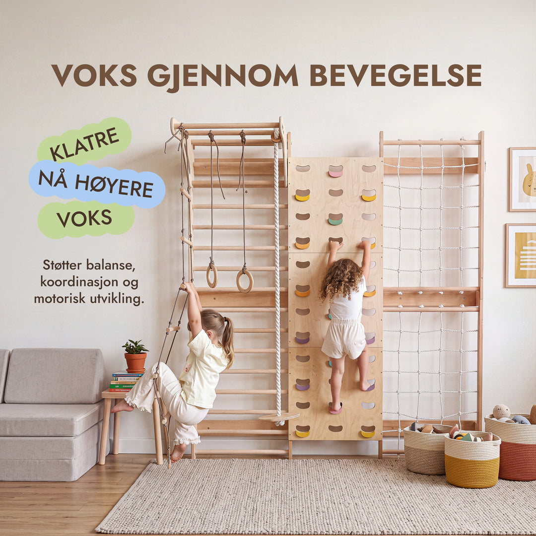 7-in-1 Klatrevegg for barn: ribbevegg, klatrenett, pull up-stang & 3i1 husksett