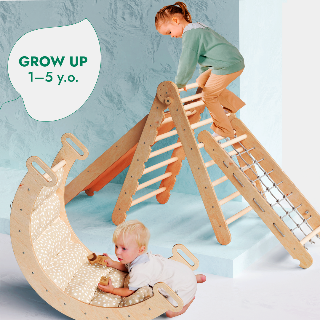 5-i-1 Montessori Klatrestativ-Sett: Triangelstige + Bue/Gynge + Rutsjebrett/Rampe + Nettingtau + Pute