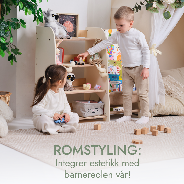 Montessori-hylle i tre for småbarn 2-i-1: Bokhylle og lekeoppbevaring