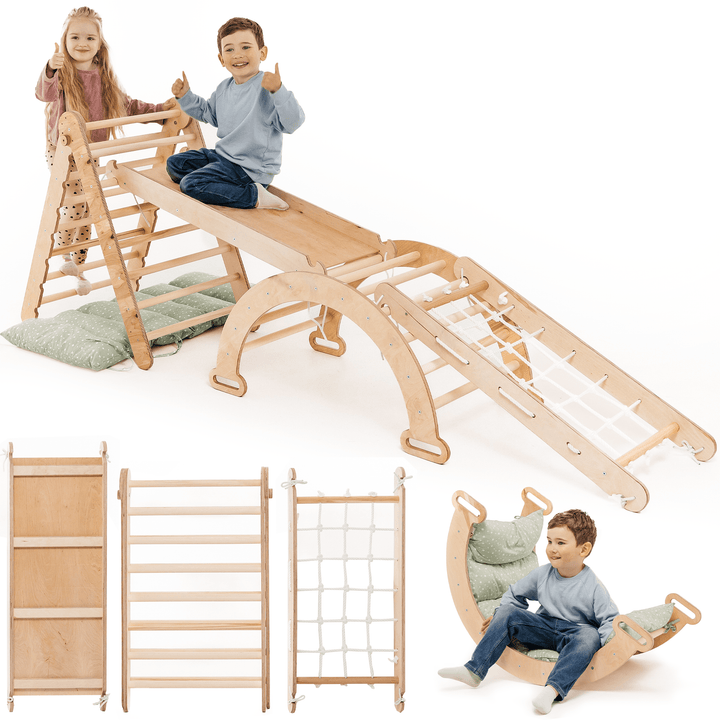 5-i-1 Montessori Klatrestativ-Sett: Triangelstige + Bue/Gynge + Rutsjebrett/Rampe + Nettingtau + Pute