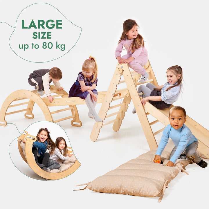 5-i-1 Montessori Klatrestativ-Sett: Triangelstige + Bue/Gynge + Rutsjebrett/Rampe + Nettingtau + Pute
