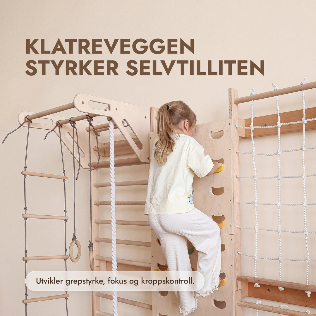 7-in-1 Klatrevegg for barn: ribbevegg, klatrenett, pull up-stang & 3i1 husksett