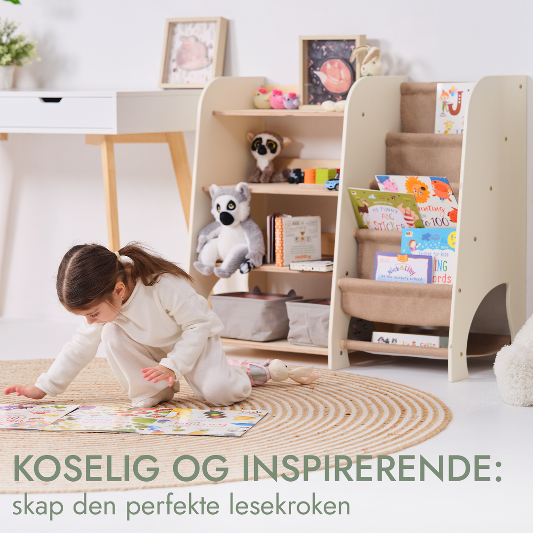 Montessori-hylle i tre for småbarn 2-i-1: Bokhylle og lekeoppbevaring