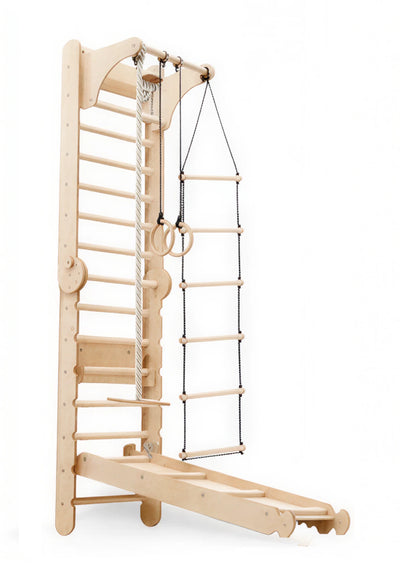 7-in-1 Klatrevegg for barn: ribbevegg, klatrenett, pull up-stang & 3i1 husksett