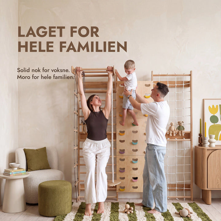 7-in-1 Klatrevegg for barn: ribbevegg, klatrenett, pull up-stang & 3i1 husksett