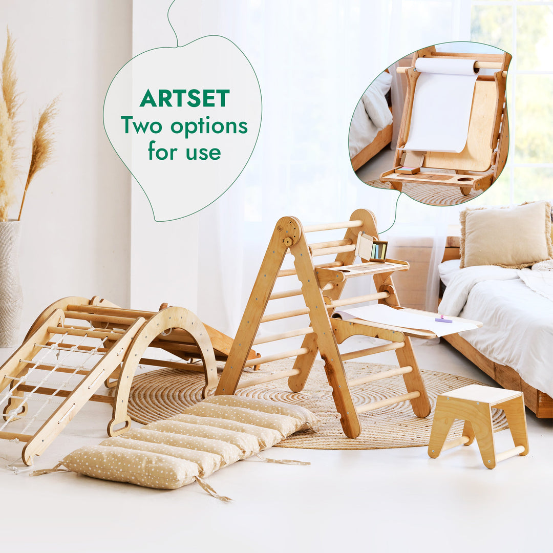 6-i-1 Montessori Klatrestativ-Sett: Triangelstige + Bue/Gynge + Sklie/Rampe + Nett + Pute + Kunsttillegg