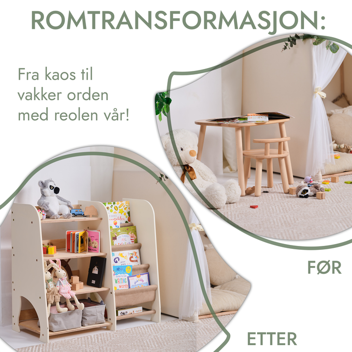 Montessori-hylle i tre for småbarn 2-i-1: Bokhylle og lekeoppbevaring