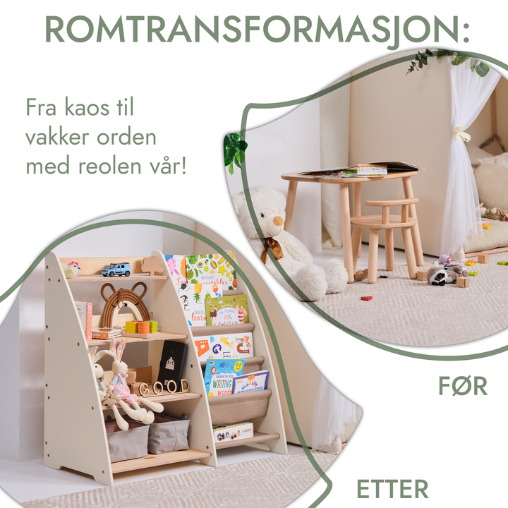 2-i-1 Montessori-hylle for bøker og leker