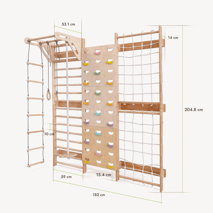 7-in-1 Klatrevegg for barn: ribbevegg, klatrenett, pull up-stang & 3i1 husksett